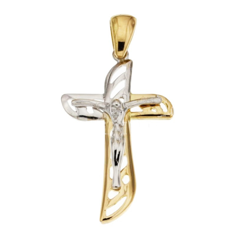 Croce uomo oro giallo bianco traforata con Cristo 18KARATI - 1