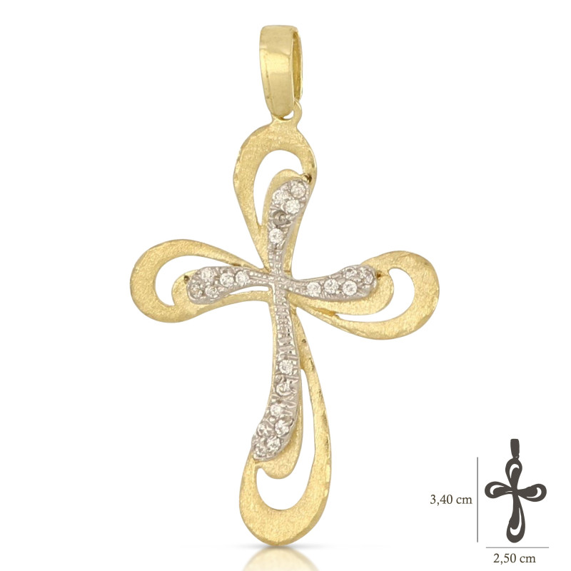 Croce donna oro giallo bianco traforata con zirconi 18KARATI - 2